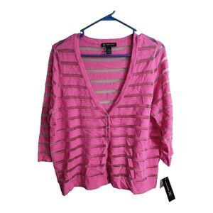 INC International Concepts V Neck Button Up Metallic Sheer Stripe Cardigan Sz 0X